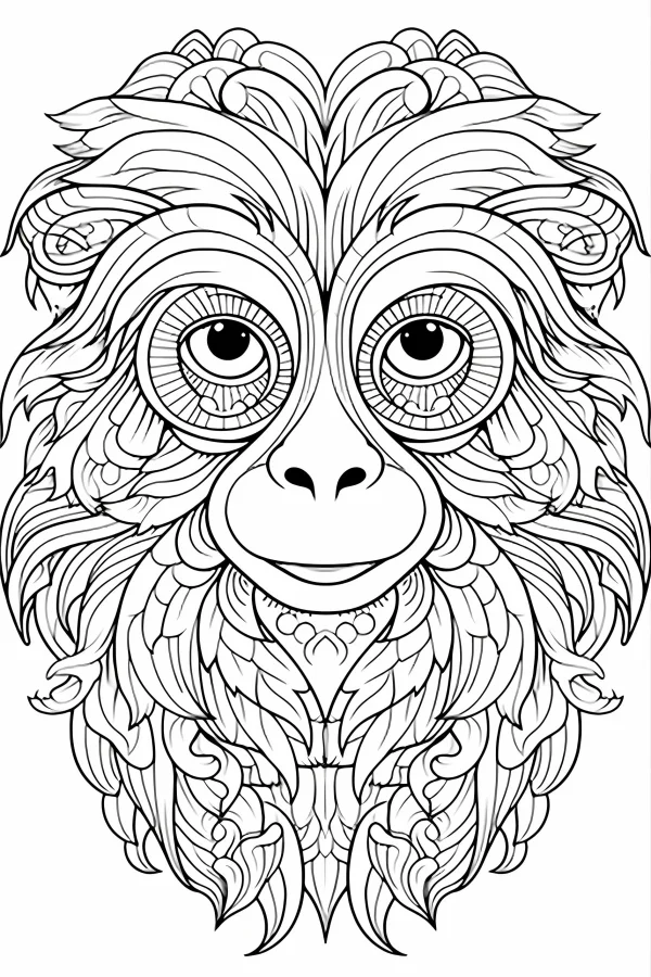 Coloring book page, mandala-style monkey head — free printable creative art coloring book page