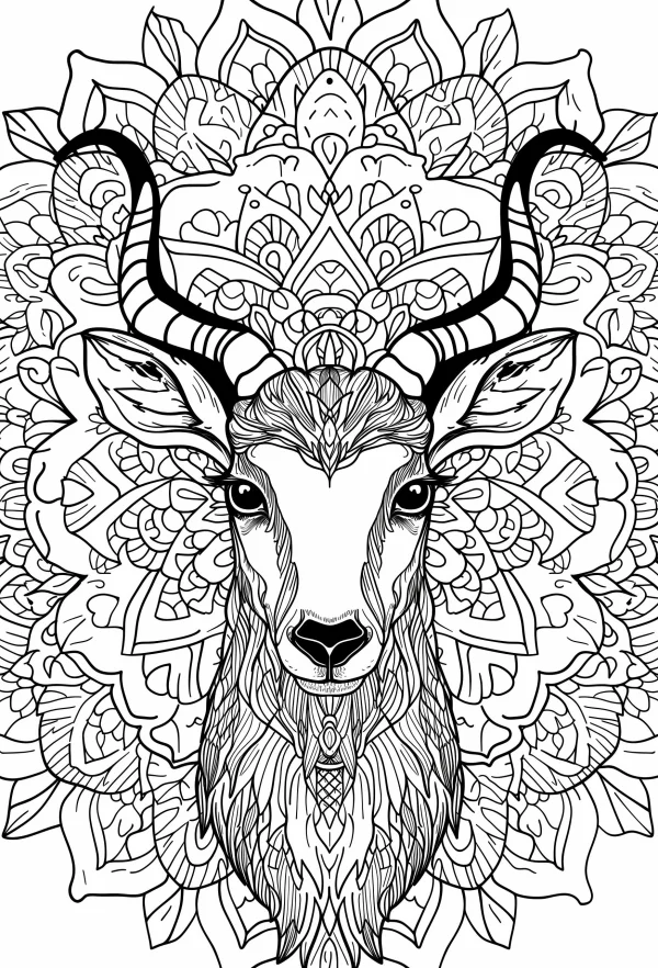 Coloring book page, mandala-style deer head — free printable mandala coloring book page