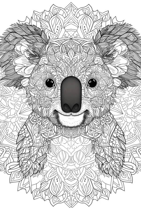Mandala-style koala head, intricate mandala patterns with floral and leaf motifs — free printable mandala coloring book page