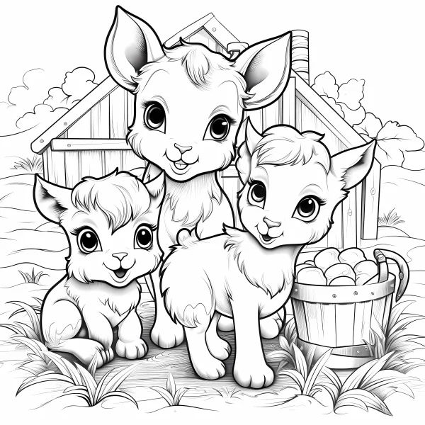 Three cute little lambs, cartoon style — free printable farm life coloring book page
