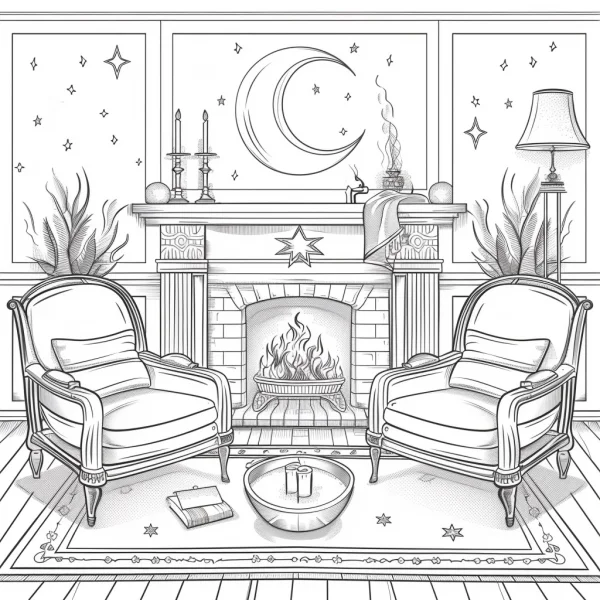 Cozy living room with fireplace and armchairs, realistic line art style — free printable home life coloring book page