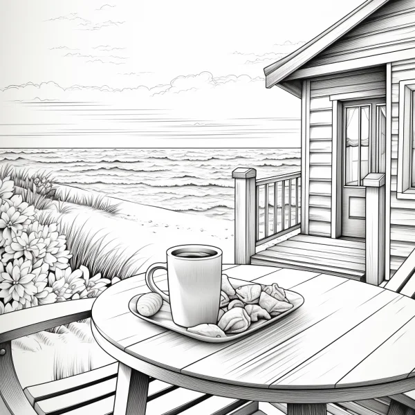 Outdoor wooden table with mug and snacks beside beach cabin, seaside beach background with flowers and grass — free printable leisure coloring book page