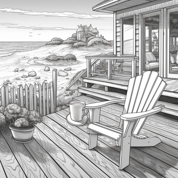 Adirondack chair on beach cabin deck with coffee mug, realistic sketch style — free printable leisure coloring book page