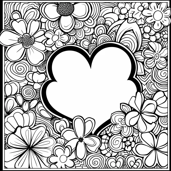 Heart surrounded by various flowers, line art style — free printable romance coloring book page