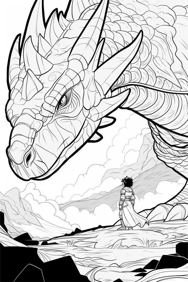 Giant dragon and standing figure in long robe, fantasy sketch style — free printable adventure coloring book page