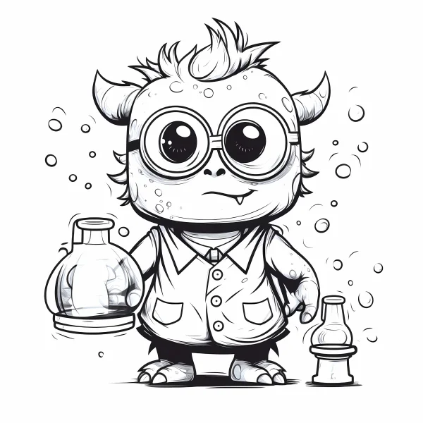Cute little monster with round glasses wearing lab coat, holding glass flasks — free printable science experiments coloring book page