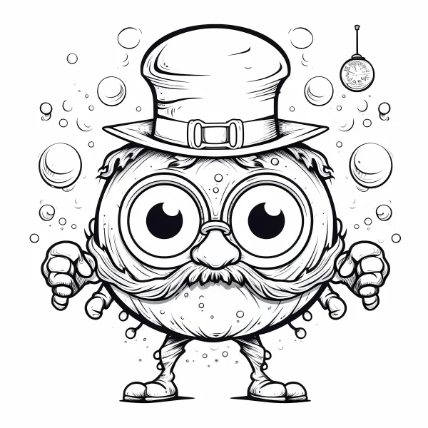 Cute cartoon fantasy creature wearing top hat and monocle, with mustache and tiny limbs — free printable cartoon coloring book page