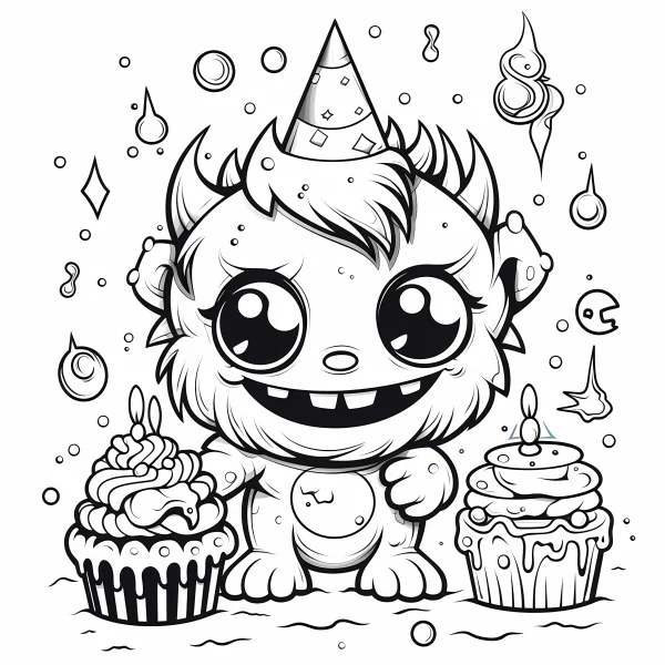 Cute little monster wearing party hat, standing between two cupcakes with candles — free printable birthday coloring book page
