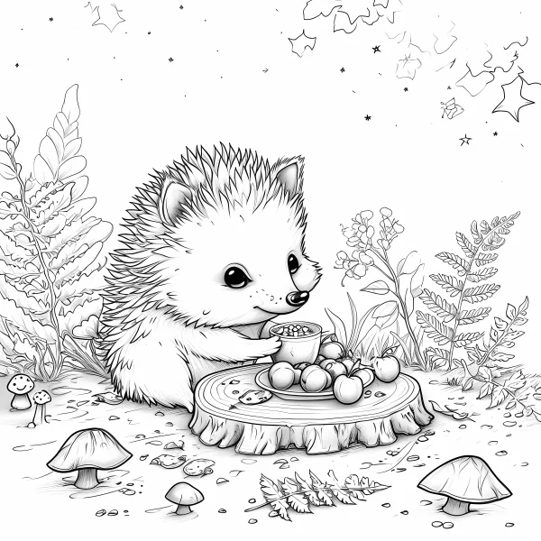 Cute hedgehog having a picnic on a tree stump table, cartoon style — free printable picnic coloring book page