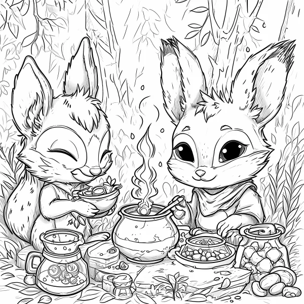 Two cute squirrels cooking in forest, cartoon style — free printable cooking coloring book page