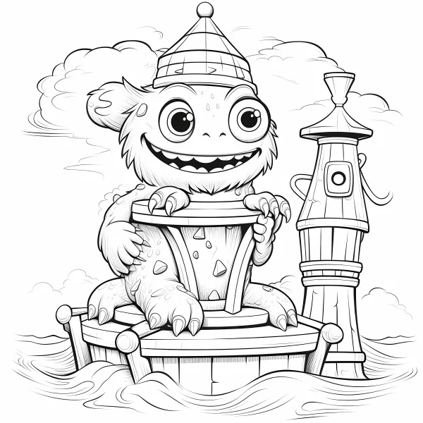 Cute playful fantasy monster wearing a striped small hat, sitting on a boat platform — free printable sailing coloring book page
