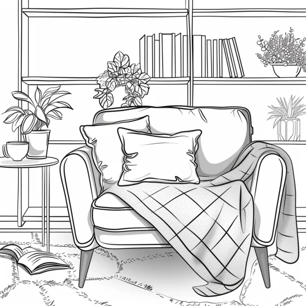 Cozy home scene with armchair, pillows and blanket — free printable home life coloring book page