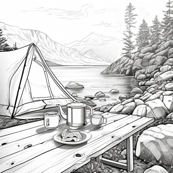 Lakeside camping scene, realistic line art style — free printable camping coloring book page