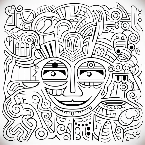 Mayan totem style human face, intricate mayan cultural geometric patterns — free printable maya coloring book page