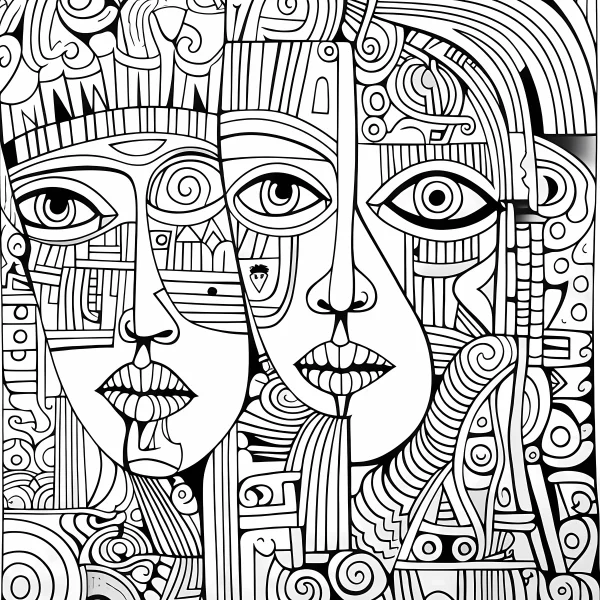 Three abstract geometric human faces in mayan totem style, intricate geometric patterns — free printable maya coloring book page