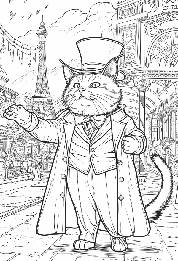 Anthropomorphic gentleman cat wearing top hat and trench coat, standing on paris street with eiffel tower in background — free printable city coloring book page