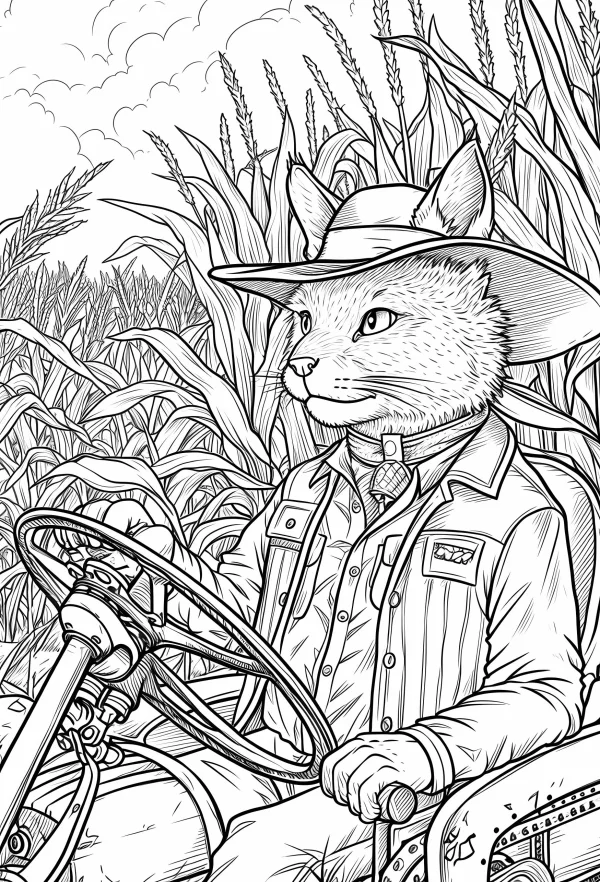 Anthropomorphic farmer cat driving a tractor, cartoon style — free printable farm life coloring book page