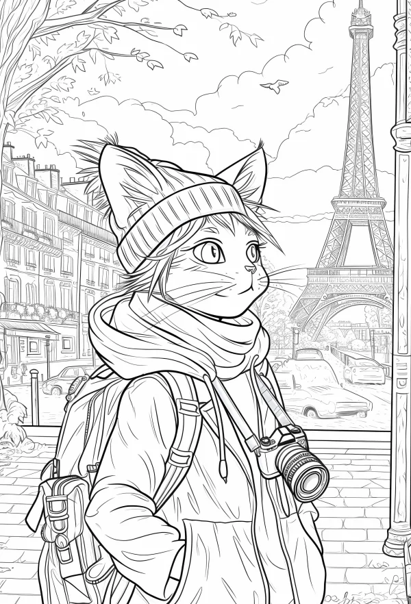 Anthropomorphic cat traveler wearing beanie and scarf with backpack and camera, paris street scene with eiffel tower — free printable urban life coloring book page