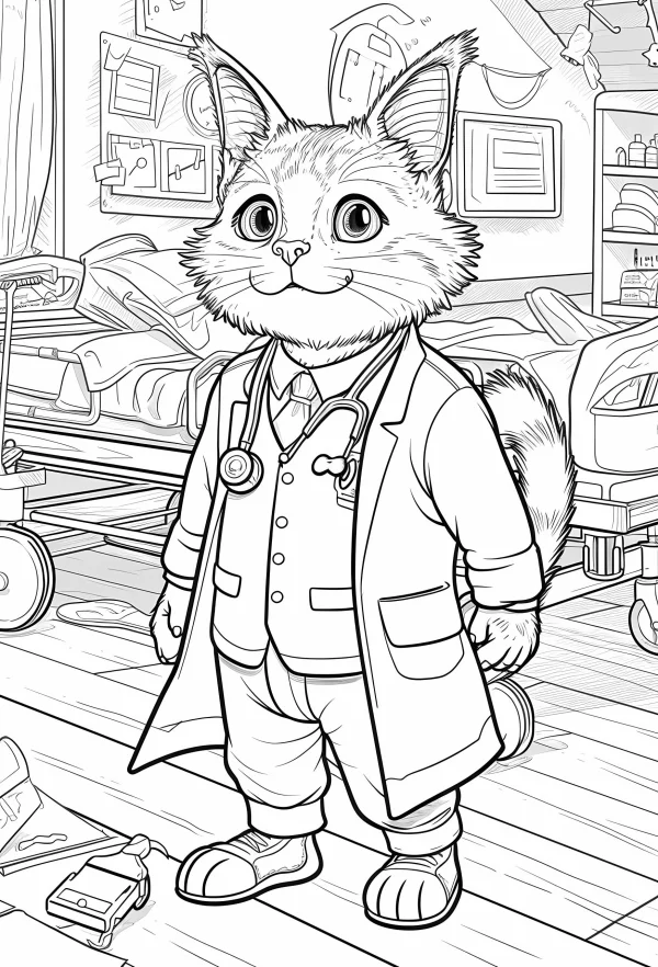 Anthropomorphic cat doctor in lab coat with stethoscope, cartoon style — free printable occupation coloring book page