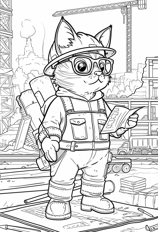 Cartoon cat dressed as construction worker, wearing safety helmet and round glasses — free printable occupation coloring book page