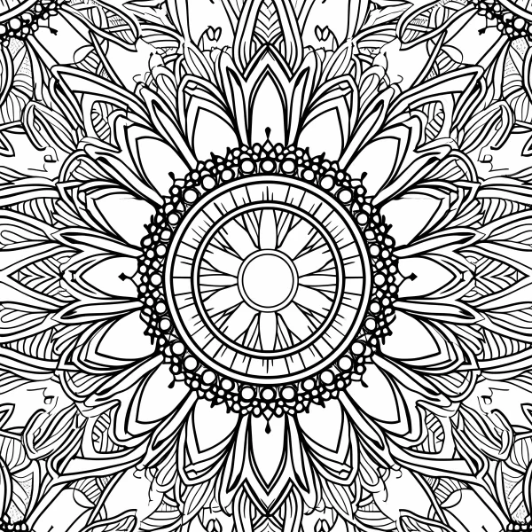Mandala symmetrical decorative pattern, abstract art style — free printable balance coloring book page