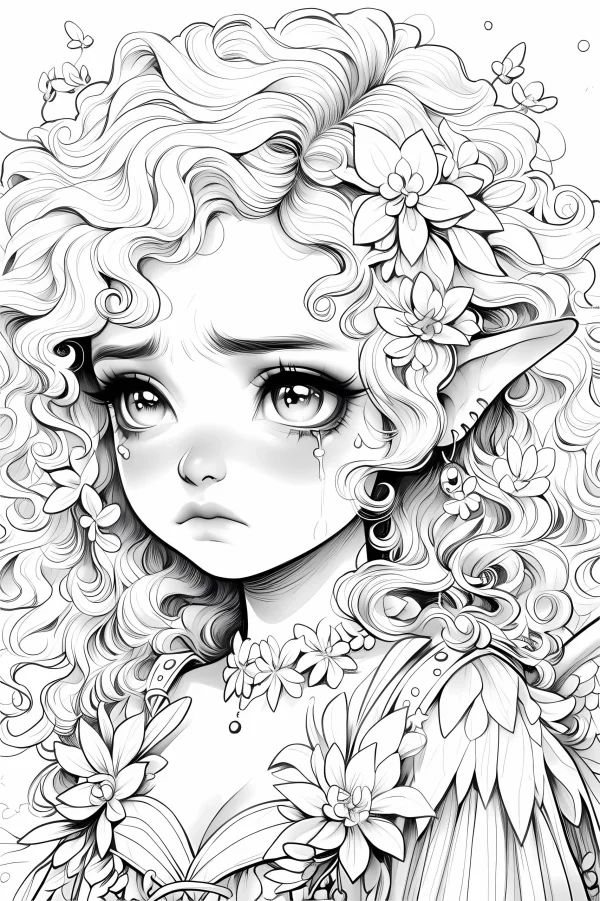 Crying curly-haired elf girl with flowers in hair and on clothes, cartoon illustration style — free printable elves coloring book page