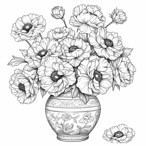 Chinese style vase filled with large peony-like flowers, realistic illustration style — free printable still life coloring book page