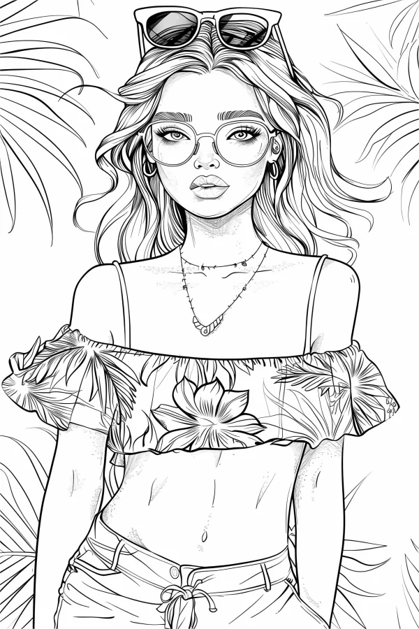 Stylish tropical girl with round glasses and sunglasses on head, wearing off-shoulder crop top with floral patterns — free printable summer coloring book page
