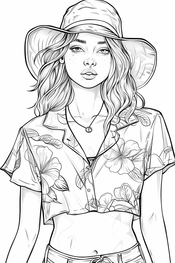 Girl with wide-brimmed hat and floral crop top, cartoon style — free printable summer coloring book page