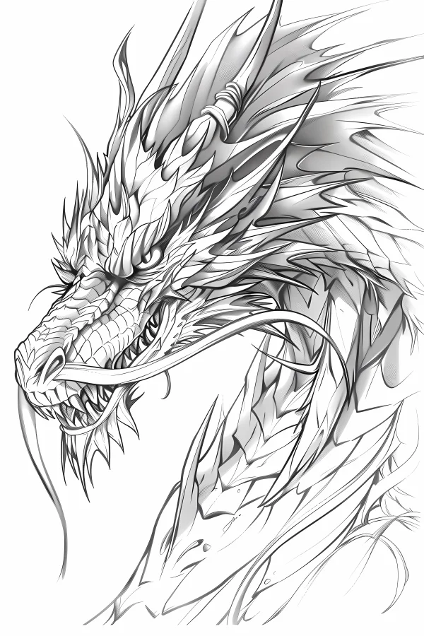 Fierce dragon head, realistic line art style — free printable dragon coloring book page