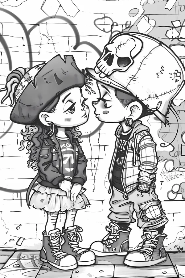 Cute street-style cartoon boy and girl about to kiss, with skull helmet and pirate hat — free printable street culture coloring book page