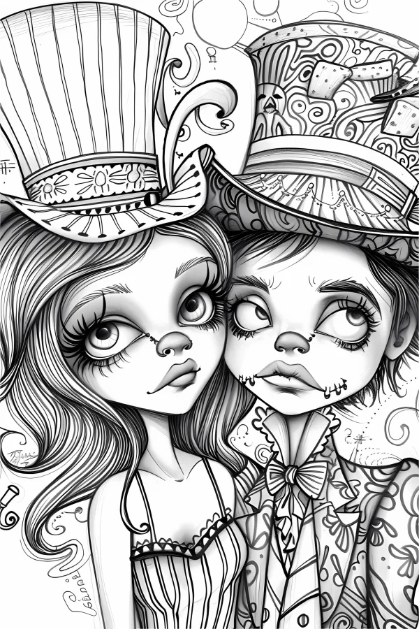 Coloring book page, gothic style big-eyed boy and girl wearing tall top hats — free printable gothic coloring book page