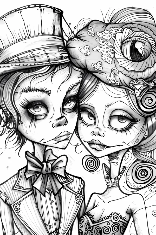 Dark fantasy cartoon couple, male with top hat and bow tie — free printable dark coloring book page
