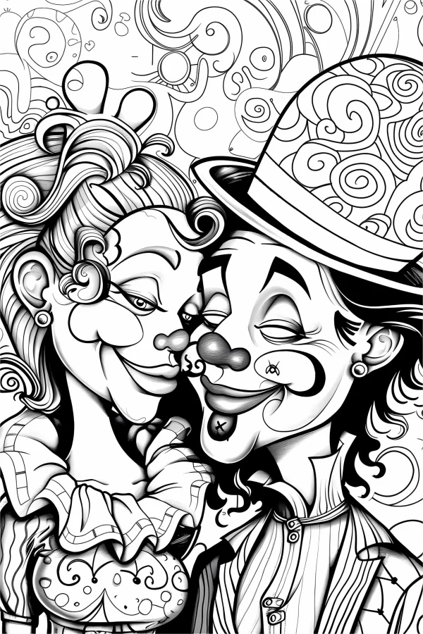 Coloring book page, intimate clown couple — free printable cartoon coloring book page