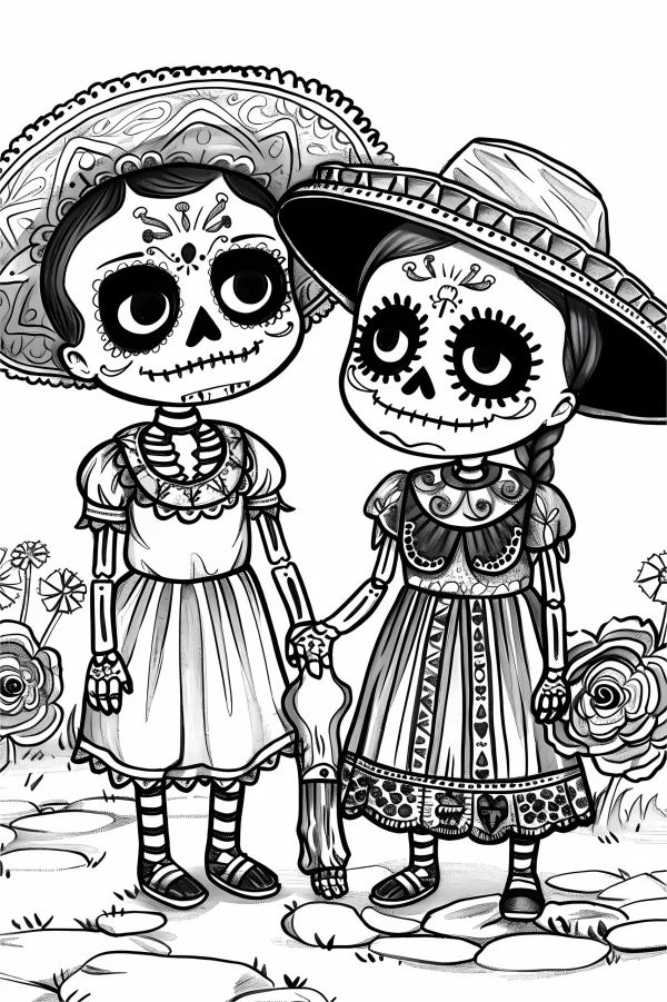 Cartoon day of the dead skeleton dolls wearing sombreros, cartoon style — free printable cartoon coloring book page