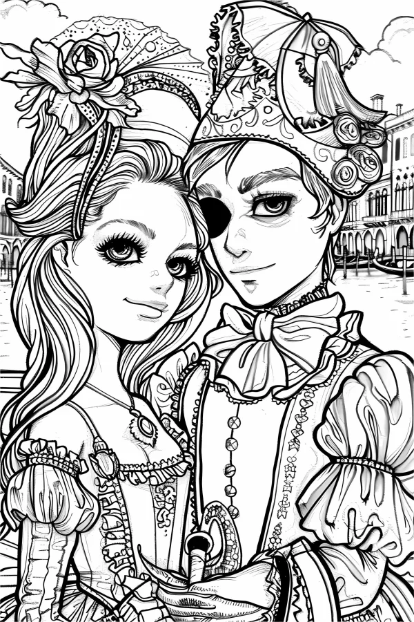 Vintage masquerade couple with elaborate carnival costumes, european cartoon style — free printable party coloring book page