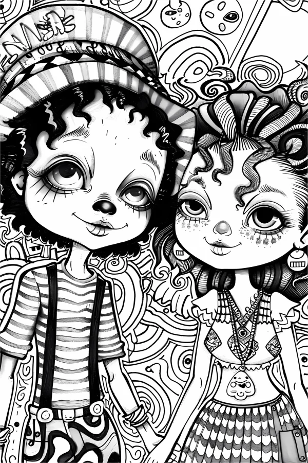 Cute cartoon fantasy boy and girl holding hands, whimsical cartoon style — free printable cartoon coloring book page