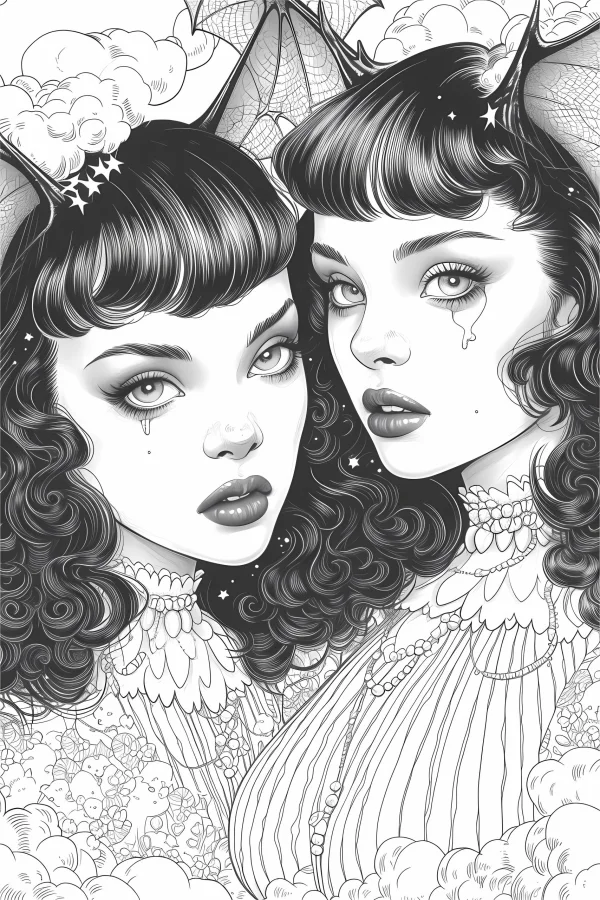 Two gothic girls with bat ears, intricate line art — free printable gothic coloring book page