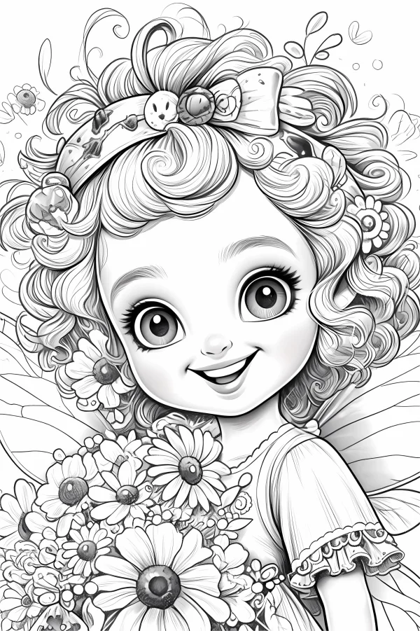 Cute curly-haired fairy, cartoon style — free printable children coloring book page