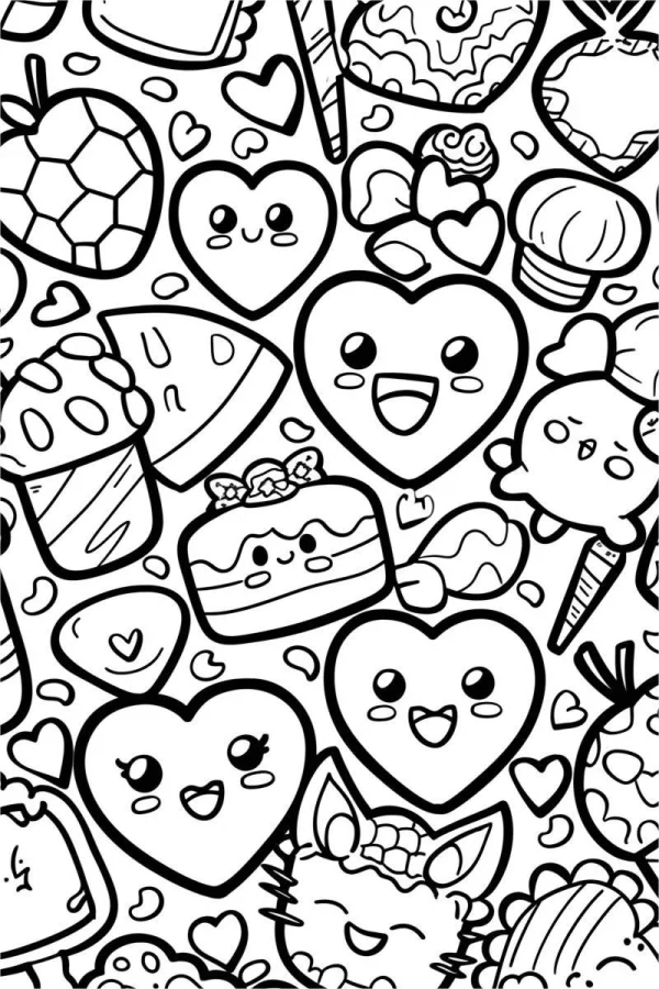 Cute cartoon hearts, cats and assorted desserts including cake — free printable cute coloring book page