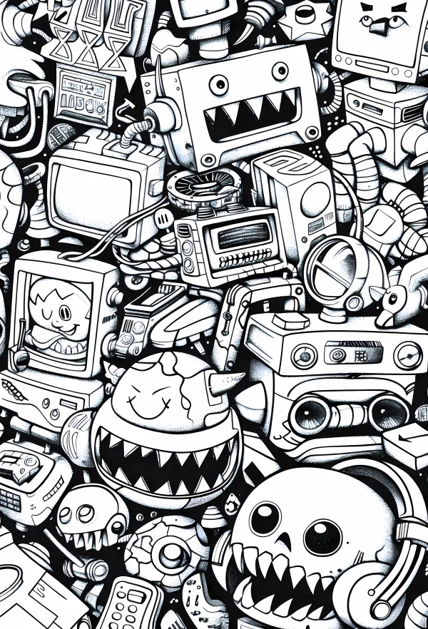 Cluster of cartoon mechanical robots and retro electronic devices, doodle cartoon sci-fi style — free printable cartoon coloring book page