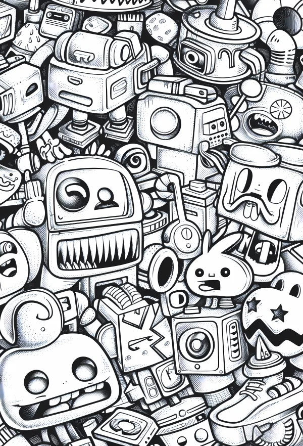 Crowd of doodle-style cartoon robots, graffiti and cartoon art style — free printable cartoon coloring book page