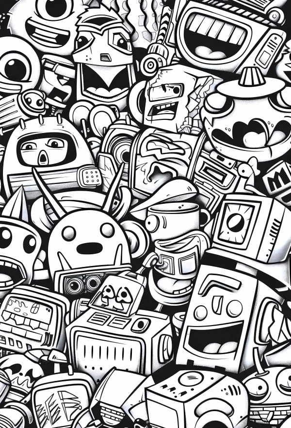 Collection of doodle-style cartoon robots, sci-fi fantasy theme — free printable graffiti art coloring book page