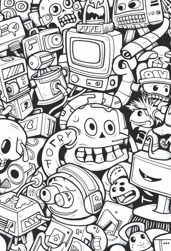 Cluster of cartoon robots and mechanical characters, doodle cartoon style — free printable cartoon coloring book page