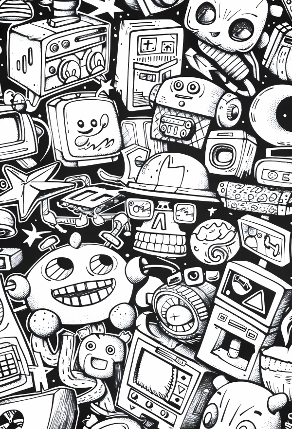 Cartoon retro robots and vintage electronics, cartoon retro style — free printable robot coloring book page