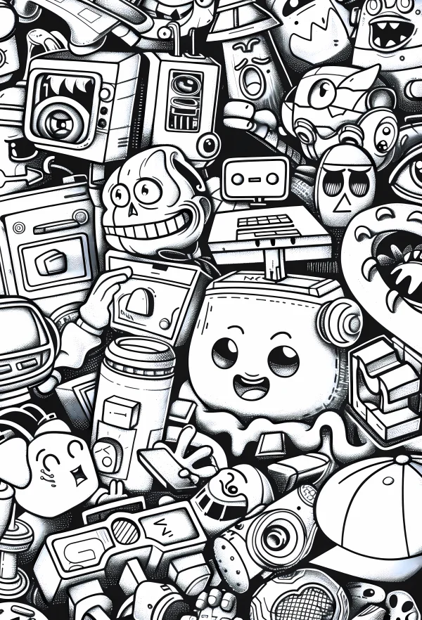 Anthropomorphic vintage electronic devices, cartoon retro doodle style — free printable cartoon coloring book page