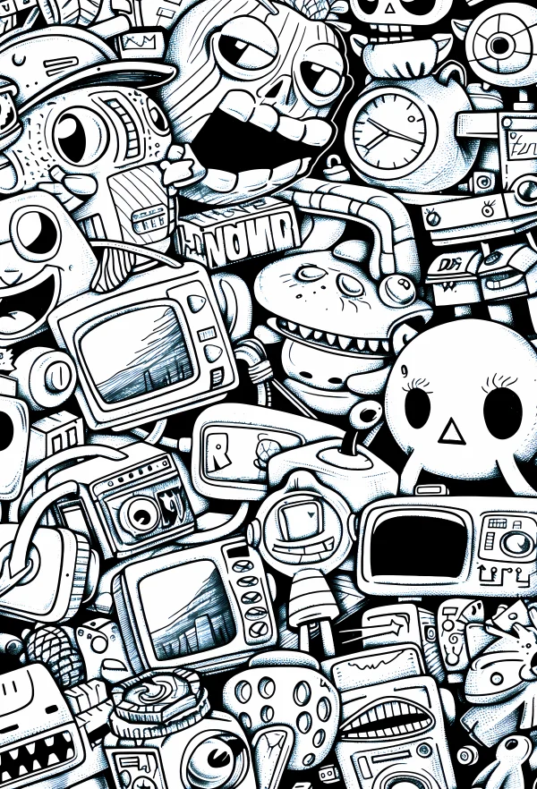 Doodle art of cartoon robots and retro electrical appliances, vintage cartoon graffiti style — free printable cartoon coloring book page