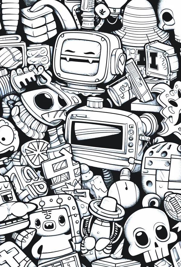 Dense cluster of cartoon robots, mechanical elements and cartoon skulls — free printable cartoon coloring book page