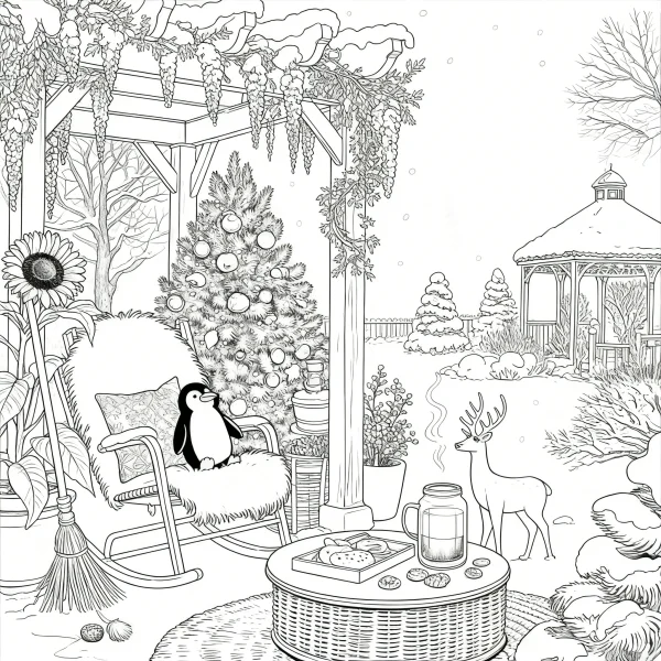 Winter garden scene with penguin on rocking chair, christmas tree and deer — free printable leisure life coloring book page