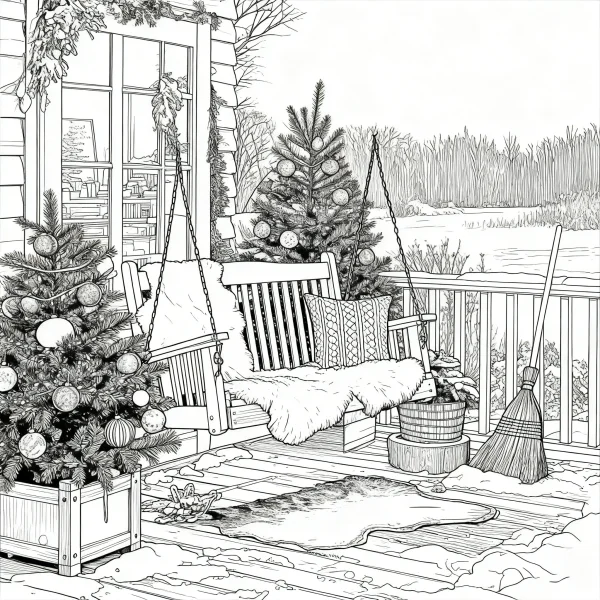 Porch swing with decorated christmas trees on a winter house porch, realistic line art style — free printable outdoor scenery coloring book page